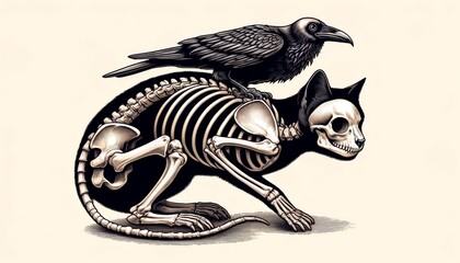 A highly detailed, close-up image of a skeletal cat with a raven perched on its back, with the skeletal structure of the cat fully visible.