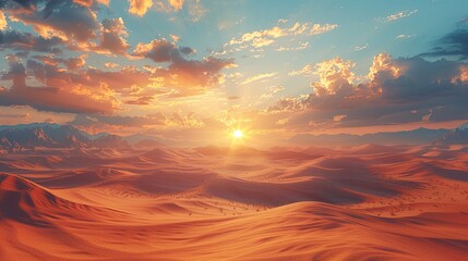 A desert landscape with a bright orange sun in the sky