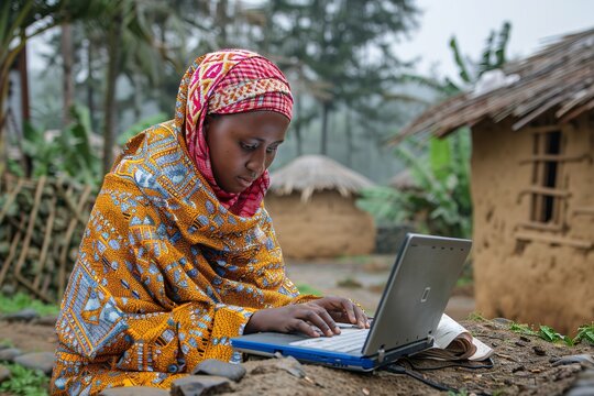 A woman in a colorful headscarf sits outside a hut in a rural African village, using a laptop computer