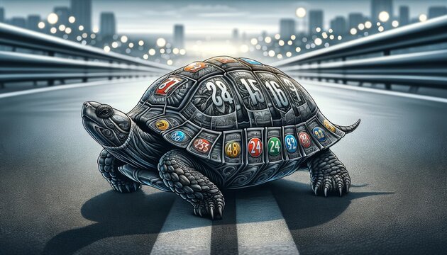 A detailed image of a turtle’s shell adorned with multiple racing numbers and designs, enhancing the racing theme.
