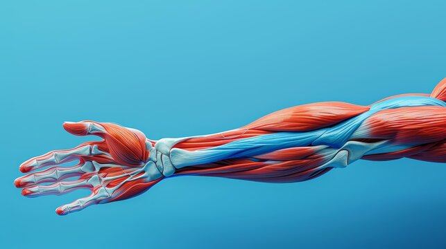 Detailed anatomical illustration of the human arm, showcasing muscles and bones.  Blue background.