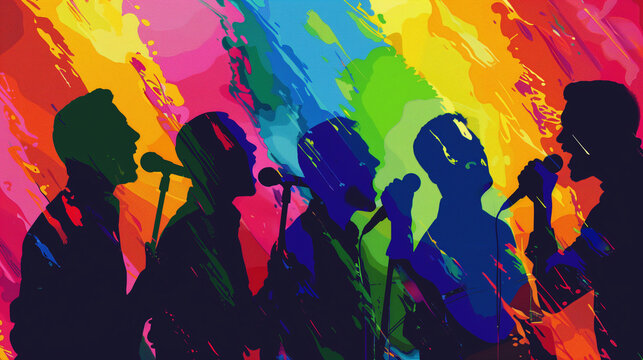 Diverse group of young adults singing along at a colorful concert, showcasing joy and togetherness in a vibrant illustration using the colors of the rainbow flag, celebrating lgbtq pride and equality
