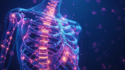 A glowing, ethereal human skeletal structure with energy flowing through its veins, set against a dark blue background.