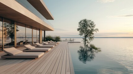 Obraz premium minimalist poolside lounge with sleek chaise lounges, a uniform decking material, and a focus on open, clean lines that complement the water