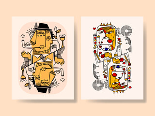 Obraz premium Set of abstract face portraits geometric, shapes, doodle , decorative hand drawn vector illustration wall art. Cubism male and female portrait aesthetic design for poster, cover, print and decoration.