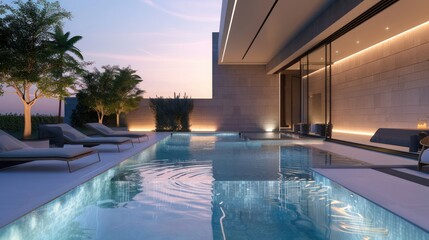 Obraz premium minimalist pool area with an infinity pool, discreet landscape lighting, and simple lounge chairs, all designed to highlight the water feature
