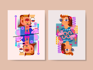 Fototapeta premium Set of abstract face portraits geometric, shapes, doodle , decorative hand drawn vector illustration wall art. Cubism male and female portrait aesthetic design for poster, cover, print and decoration.