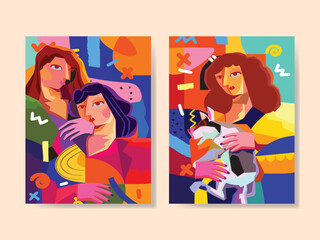 Set of abstract face portraits geometric, shapes, doodle , decorative hand drawn vector illustration wall art. Cubism male and female portrait aesthetic design for poster, cover, print and decoration.