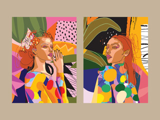 Set of abstract face portraits geometric, shapes, doodle , decorative hand drawn vector illustration wall art. Cubism male and female portrait aesthetic design for poster, cover, print and decoration.