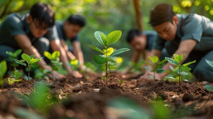 Group of people planting trees in a forest, environmental conservation, sustainability.