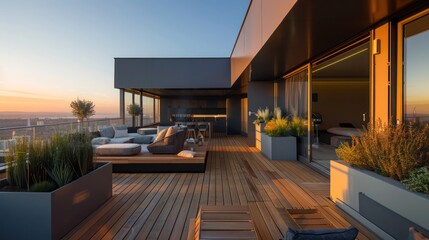 minimalist rooftop terrace with wooden decking, simple planters, and sleek furniture, offering a chic space to entertain guests
