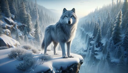 Naklejka premium A majestic shot of a wolf standing on the edge of a snowy cliff, looking into the distance.