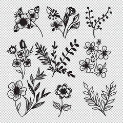 Flat simple flower icon set, black vector illustration on transparent background