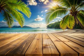 Empty wooden surface on the background of a blurred tropical beach, ocean and palm trees. Selective focus. Summer landscape.