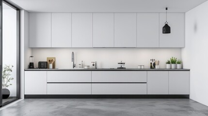 minimalist Scandinavian kitchen with streamlined white cabinets, a concrete floor, and bold black accents for a modern twist
