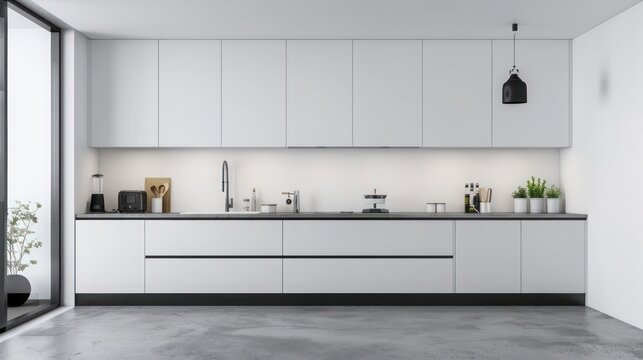 minimalist Scandinavian kitchen with streamlined white cabinets, a concrete floor, and bold black accents for a modern twist