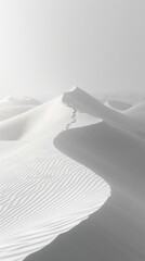 Rolling sand dunes, windswept patterns, lowangle shot, soft light, minimalistic, vast emptiness