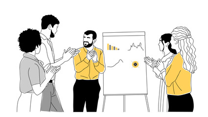 Business Men and women clapping hands, taking part in presentation, conference. Business concept scene. Modern vector hand drawn outline illustration, thin line drawing on transparent background.