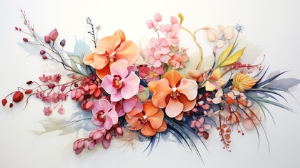 Naklejka premium Watercolor painting of a beautiful bouquet of pink and orange orchids with green leaves and pink flowers.