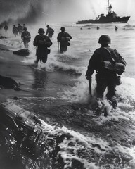 Fototapeta premium illustration of a black and white archival depicting American soldiers wading ashore during war, highlighting the bravery and determination of the allied forces