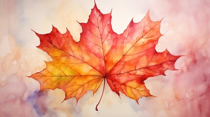 Watercolor painting of a single red and orange maple leaf.