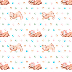 Seamless pattern on a white background from a sleeping bear watercolor illustration on a white background. Hand drawn illustration of bear for baby wallpaper, baby linen, baby shower.