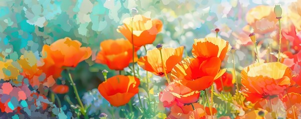 A vibrant watercolor painting of orange poppies in full bloom, set against a dreamy, colorful background. Perfect for spring and floral themes.