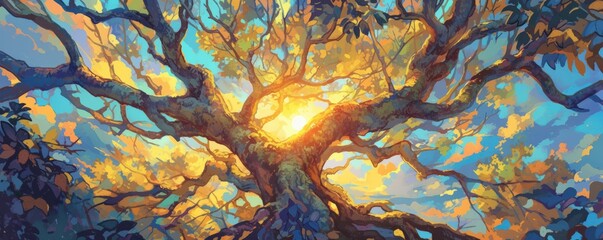 Fototapeta premium A vibrant illustration of a magical tree bathed in golden sunlight, capturing the essence of nature's beauty and mystical wonder.