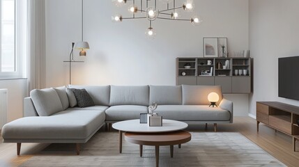 Fototapeta premium modern Scandinavian living room with a soft gray sectional, an oval coffee table, and a minimalist media unit, all under the glow of a chic, understated chandelier