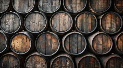 Stacked beer casks forming a rustic backdrop for brewery advertisements