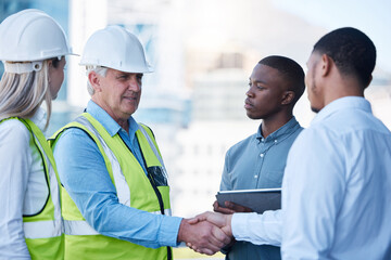 Building, handshake and men in deal for architecture, planning and agreement at construction site....