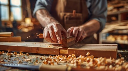 A craftsman working on wood in a workshop, shaping a wooden piece with precision using hand tools, surrounded by wood shavings.