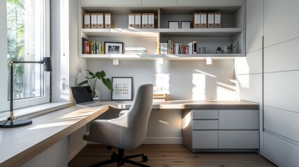 Scandinavian-style home office with a minimalist desk, ergonomic chair, and built-in shelves, creating a clean and productive workspace