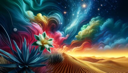 A close shot of a single desert flower with vibrant colors and intricate details, set against a colorful night sky with swirling, wavy clouds and spar.