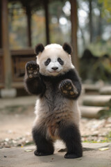Fototapeta premium animal by ai // panda cub standing on his hind legs, waving both hands, defense expression, forest background, photorealistic // ai-generated 