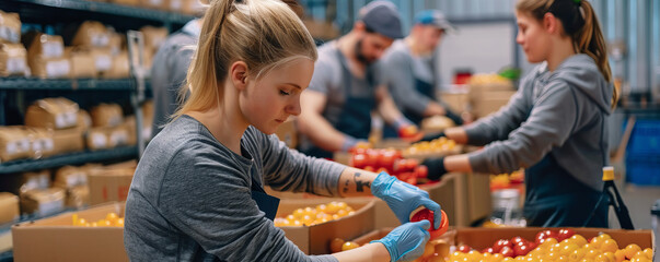 A group of coworkers volunteering at a local food bank, sorting and packing food items for distribution to those in need.