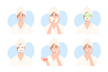 Bundle of young female showing various facial skin treatment. Skin care routine procedure. Beauty spa. Concept of healthy skin procedure, beauty lifestyle. Flat vector illustration character.