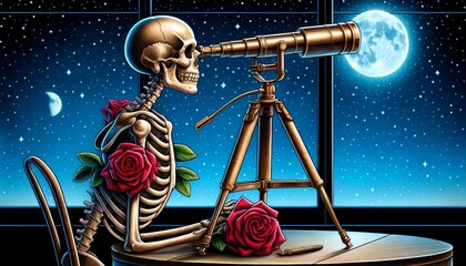A detailed image of a skeleton gazing through a telescope, sitting by a window under a starry night sky.
