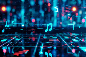 screen with projection and melody icons, blue bokeh, beatboxer, abstraction for music, copy space