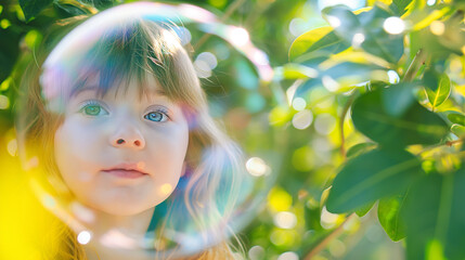 Fototapeta premium Close-up of a child's face reflected in a large soap bubble, greenery in the background, right third copy space