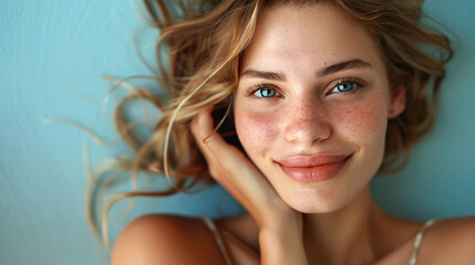 Fototapeta premium Beautiful woman with fresh skin, resting in a peaceful studio, cheerful and vibrant background