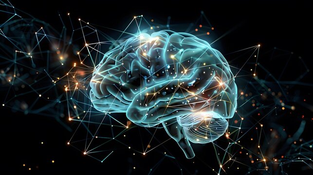 A brain is shown in a blue and red color scheme. The brain is surrounded by a network of lines and dots, giving the impression of a complex and intricate structure
