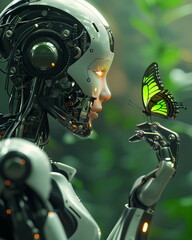Fototapeta premium lady robot with a butterfly on her finger