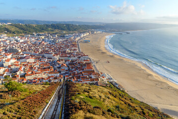 Aerial view of Nazare city and Praia da Nazare Beach, Portugal