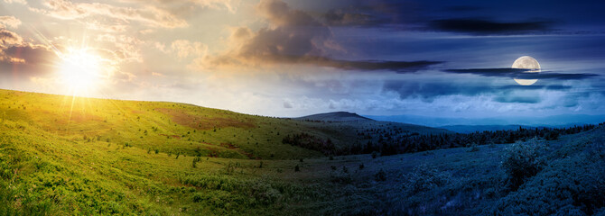 panoramic mountain landscape at summer solstice. wide alpine meadows and grassy rolling hills beneath a sky with sun and moon at twilight. day and night time change concept