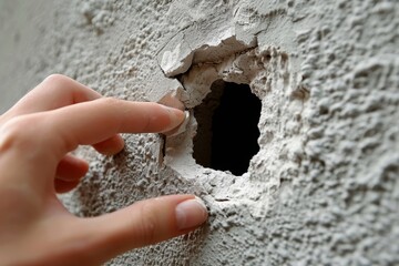 Close Up of a Hand Touching a Hole in a Gray Wall