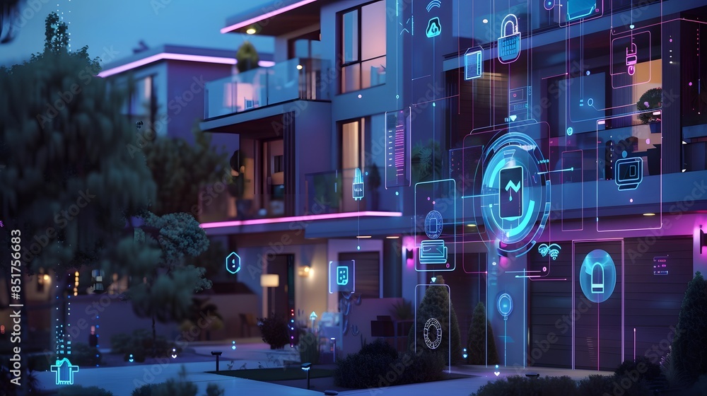 Poster a futuristic apartment building with a lot of technology and smart devices. the image is a represent