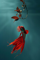 animal art, elegant long tailed red betta fish, fighting fish, floating branches, like a dragon in the sea, photorealistic // ai-generated 
