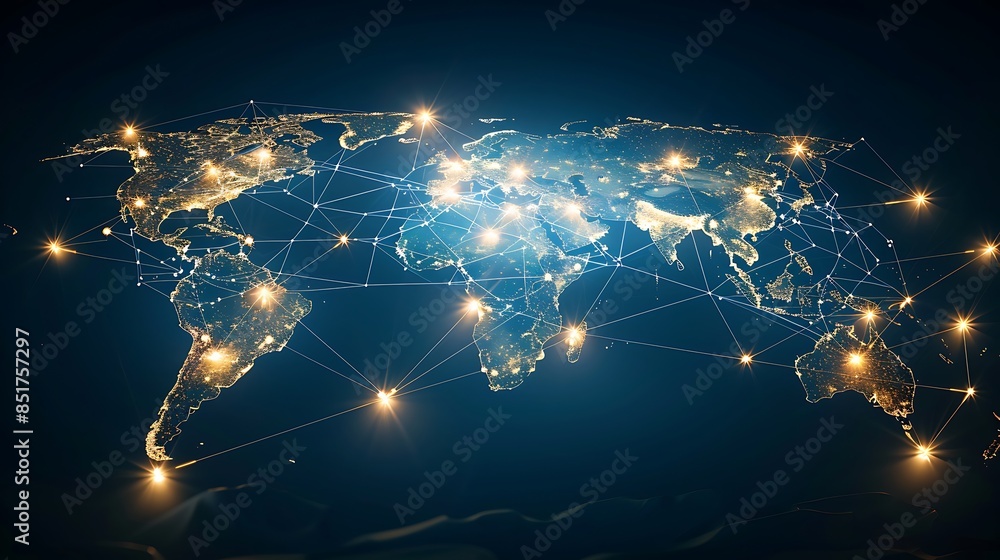 Fototapete photo realistic glowing world map with interconnected network lines, showcasing global connectivity 