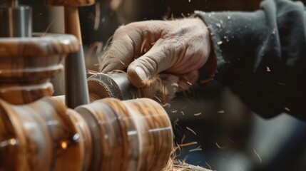 Close-up of a craftsman's hands working on a wooden lathe, shaping wood with precision and skill. Detailed woodworking process in progress. - Powered by Adobe